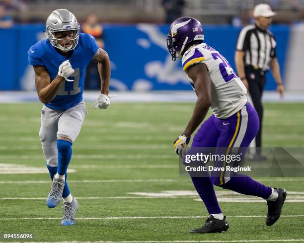 Xavier Rhodes of the Minnesota Vikings defends Marvin Jones Jr. #11 of the Detroit Lions during an NFL game at Ford Field on November 23, 2016 in...