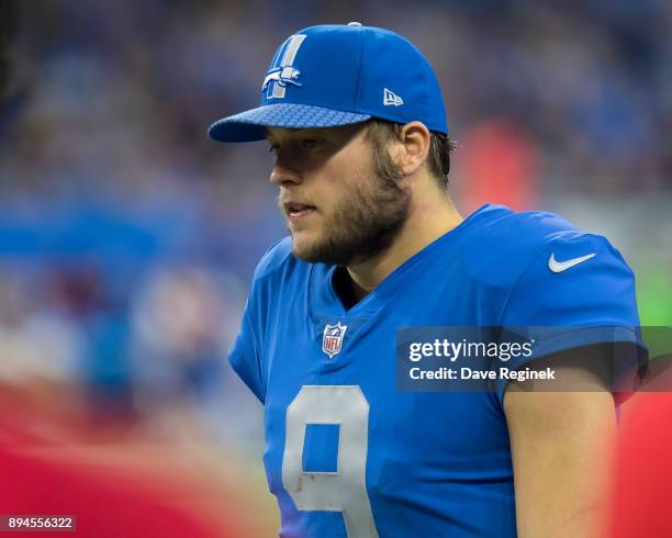 Matthew Stafford of the Detroit Lions ""walks the side lines during an NFL game against the Minnesota Vikings at Ford Field on November 23, 2016 in...