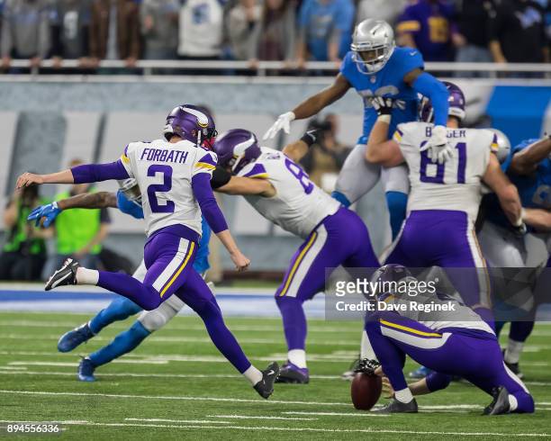Kai Forbath of the Minnesota Vikings attempts a field goal against the Detroit Lions during an NFL game at Ford Field on November 23, 2016 in...