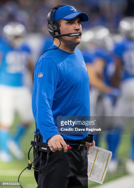 Offensive Coordinator Jim Bob Cooter of the Detroit Lions looks up at the scoreboard during an NFL game against the Minnesota Vikings at Ford Field...
