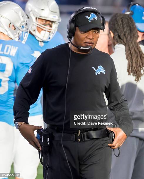 Head coach Jim Caldwell of the Detroit Lions walks on the side lines in the second half against the Minnesota Vikings during an NFL game at Ford...