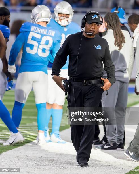 Head coach Jim Caldwell of the Detroit Lions walks on the side lines in the second half against the Minnesota Vikings during an NFL game at Ford...