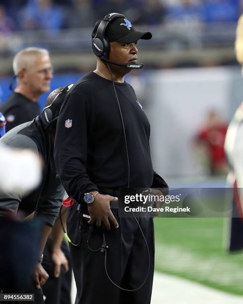 Head coach Jim Caldwell of the Detroit Lions watches the action from the sidelines in the second half against the Minnesota Vikings during an NFL...