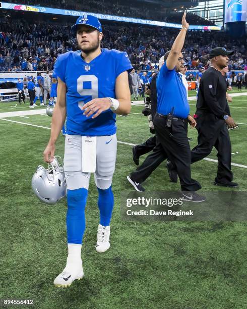 Matthew Stafford of the Detroit Lions walks off the field after an NFL game against the Minnesota Vikings at Ford Field on November 23, 2016 in...