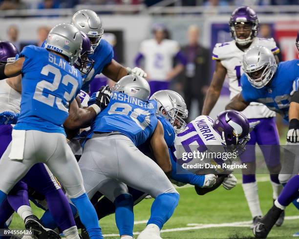 Latavius Murray of the Minnesota Vikings runs with the football against the Detroit Lions during an NFL game at Ford Field on November 23, 2016 in...