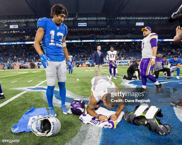 Jones of the Detroit Lions and Michael Floyd of the Minnesota Vikings exchange jersey's after an NFL game at Ford Field on November 23, 2016 in...
