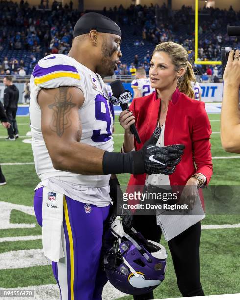 Sports reporter Erin Andrews talks to Everson Griffen of the Minnesota Vikings after an NFL game at Ford Field on November 23, 2016 in Detroit,...