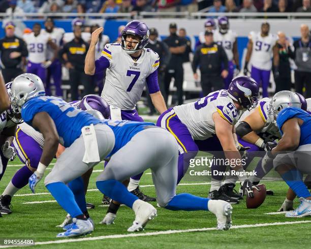 Case Keenum of the Minnesota Vikings calls a play against the Detroit Lions during an NFL game at Ford Field on November 23, 2016 in Detroit,...