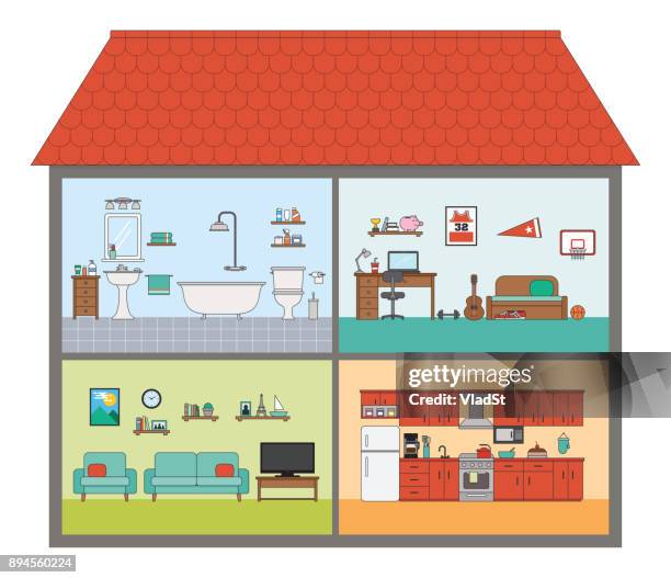 ilustraciones, imágenes clip art, dibujos animados e iconos de stock de casa de estilo plano de corte transversal interior habitaciones muebles - piso de edificio