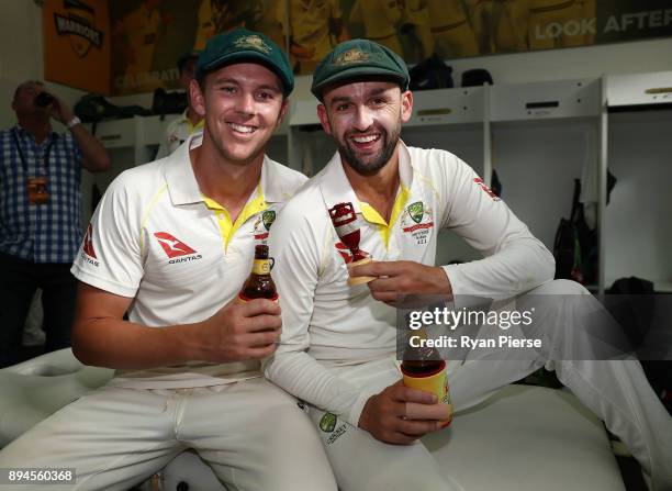 Josh Hazlewood and Nathan Lyon of Australia celebrate in the changerooms after Australia regained the Ashes during day five of the Third Test match...