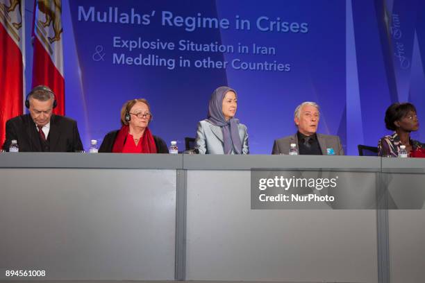 Otto Bernhardt, Sabine Leutheusser-Schnarrenberger, Maryam Rajavi, Gilbert Mitterrand, Rama Yadeduring an international conference in Paris, Palais...