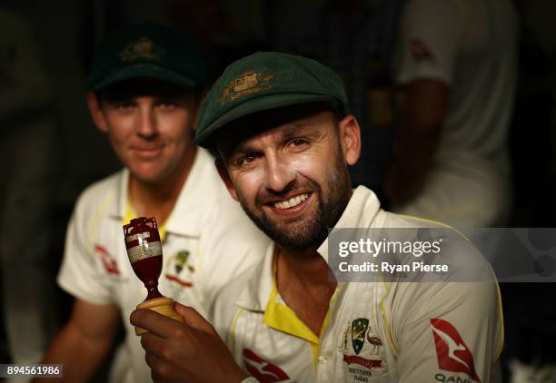 Nathan Lyon and Josh Hazlewood of Australia celebrate in the changerooms after Australia regained the Ashes during day five of the Third Test match...