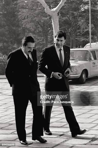 Prime Minister of Spain Felipe Gonzalez and Argentinian president Raul Alfonsin talk as they stroll in the grounds of the Palace of Moncloa, the...