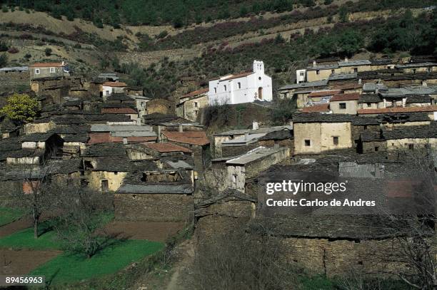 Riomalo de Arriba. Las Hurdes. Caceres Panoramic view of the town located in the hillside of a mountain