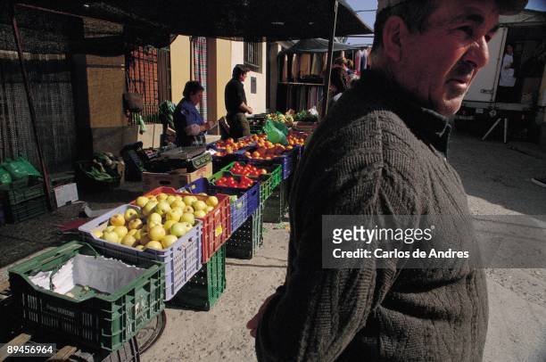Market of Pinofranqueado. Las Hurdes. Caceres Fruit shop of the market installed in the streets of the town