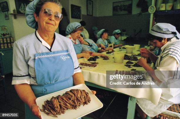 Salting of anchovies A woman shows a tray anchovies in salting in La Escala, county of Gerona