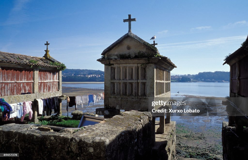 Combarro, Pontevedra, Galicia, Spain. 'Horreos' (granary), traditional construction in the north of Spain