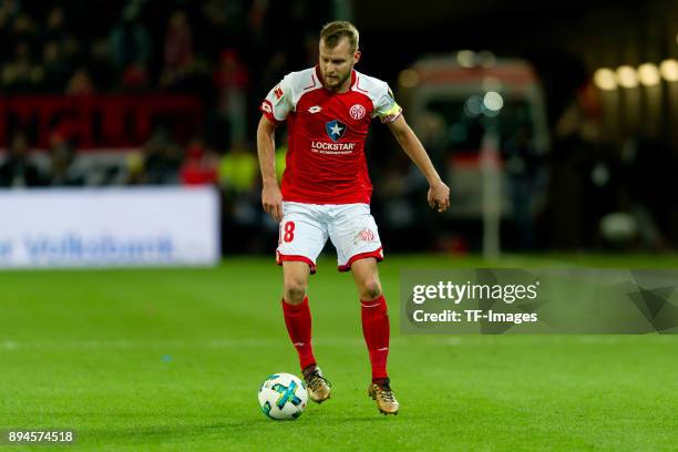 Daniel Brosinski of Mainz controls the ball during the Bundesliga match between 1. FSV Mainz 05 and Borussia Dortmund at Opel Arena on December 12,...