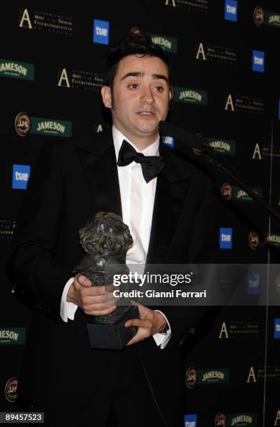 February 03, 2008. Palacio de Congresos, Madrid, Spain. Spanish film-maker Juan Antonio Bayona poses after winning the Goya prize as best new...