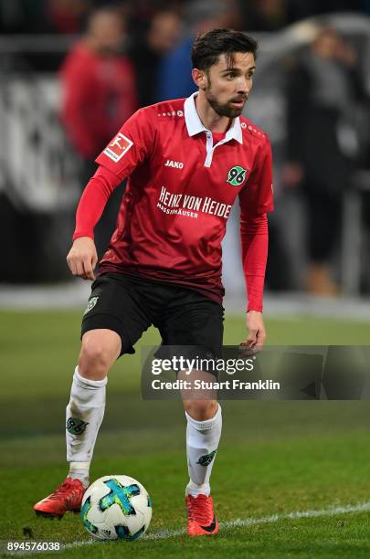 Julian Korb of Hannover in action during the Bundesliga match between Hannover 96 and Bayer 04 Leverkusen at HDI-Arena on December 17, 2017 in...