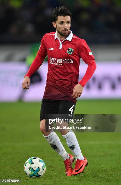 Julian Korb of Hannover in action during the Bundesliga match between Hannover 96 and Bayer 04 Leverkusen at HDI-Arena on December 17, 2017 in...