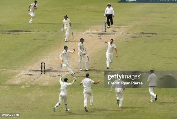 Josh Hazlewood of Australia celebrates after taking the wicket of Craig Overton of England during day five of the Third Test match during the 2017/18...