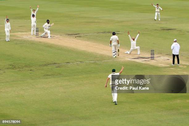 Nathan Lyon of Australia appeals successfully for the wicket of Moeen Ali of England during day five of the Third Test match during the 2017/18 Ashes...