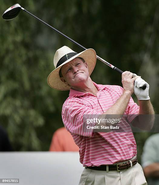 Tom Kite hits from the 16th tee box during the first round of the Bank of America Championship at Nashawtuc Country Club held on June 20, 2008 in...