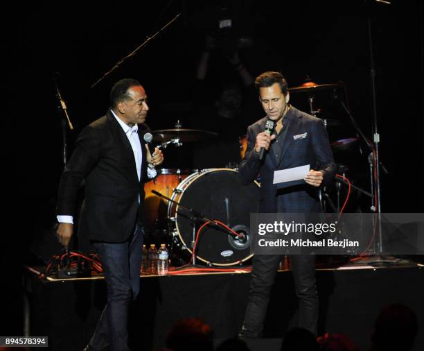 Tim Storey and Wesley Geer speak at Rock To Recovery 5th Anniversary Holiday Party at Avalon on December 17, 2017 in Hollywood, California.