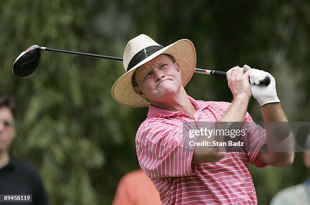 Tom Kite hits from the 16th tee box during the first round of the Bank of America Championship at Nashawtuc Country Club held on June 20, 2008 in...