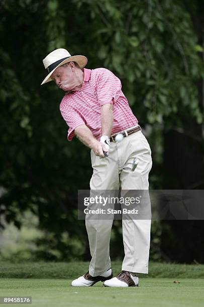 Tom Kite hits from 13th tee box during the first round of the Bank of America Championship at Nashawtuc Country Club held on June 20, 2008 in...