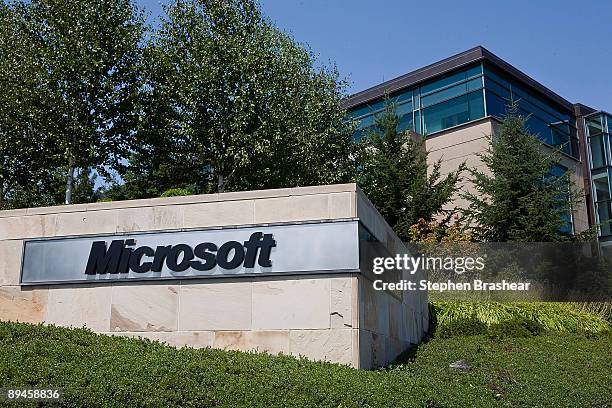 The Microsoft name is displayed on a sign outside a building on the company's campus July 29, 2009 in Redmond, Washington. Microsoft and Yahoo! have...