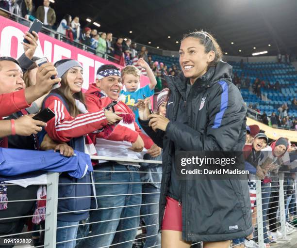 Christen Press of the USA greets fans following an international friendly match against Canada on November 12, 2017 at Avaya Stadium in San Jose,...