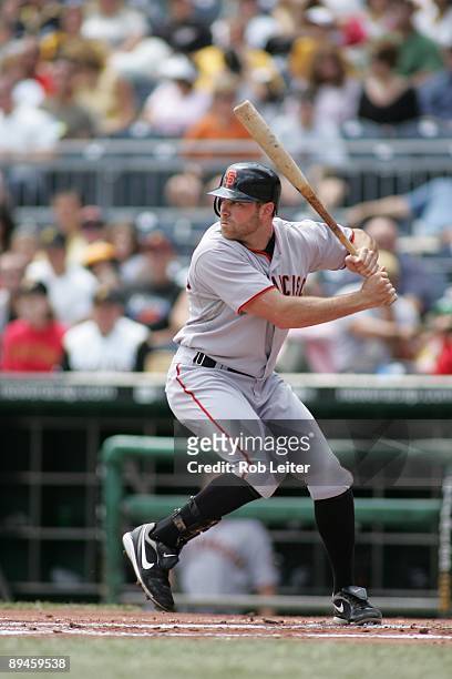 Nate Schierholtz of the San Francisco Giants bats during the game against the Pittsburgh Pirates at PNC Park on July 19, 2009 in Pittsburgh,...