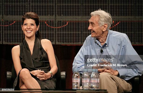 Actress Marisa Tomei and Author Howard Zinn laugh during the History Channel documentary 'The People Speak' panel during the Cable portion of the...