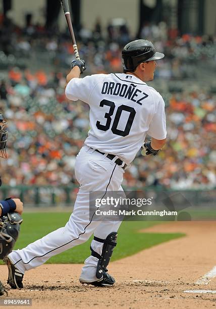 Magglio Ordonez of the Detroit Tigers bats against the Seattle Mariners during the game at Comerica Park on July 23, 2009 in Detroit, Michigan. The...