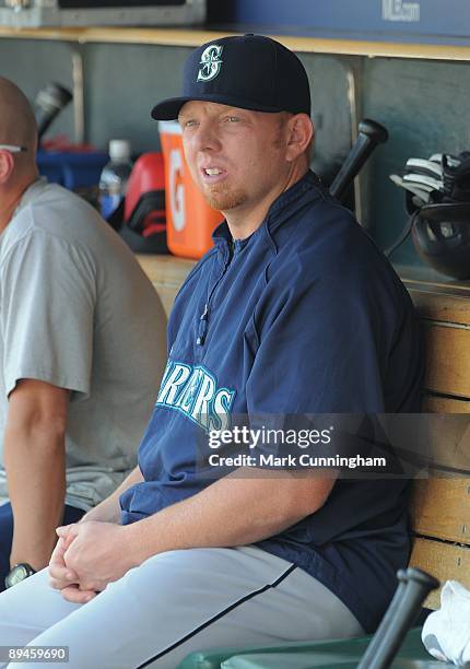 Chris Shelton of the Seattle Mariners looks on against the Detroit Tigers during the game at Comerica Park on July 23, 2009 in Detroit, Michigan. The...