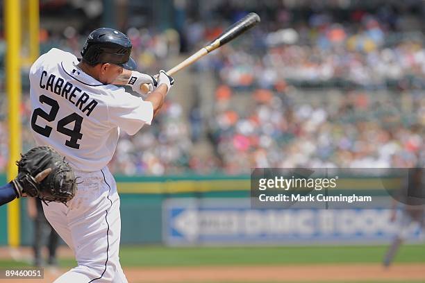 Miguel Cabrera of the Detroit Tigers bats against the Seattle Mariners during the game at Comerica Park on July 23, 2009 in Detroit, Michigan. The...