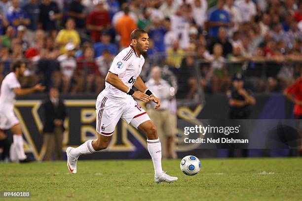 Oguchi Onyewu of AC Milan controls the ball against Chelsea FC at M & T Bank Stadium on July 24, 2009 in Baltimore, Maryland.