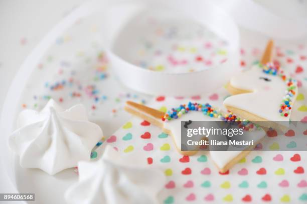 unicorn cookies and macarons - icing stock pictures, royalty-free photos & images