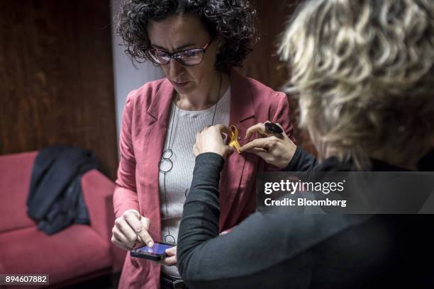 Marta Rovira, secretary general of Esquerra Republicana de Catalunya , prepares for a TV3 television interview on the 'Els Matins' show in Sant Just...