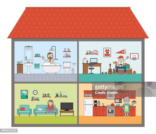 illustrations, cliparts, dessins animés et icônes de maison familiale en coupe transversale intérieure chambres maison meubles - mamie cuisine