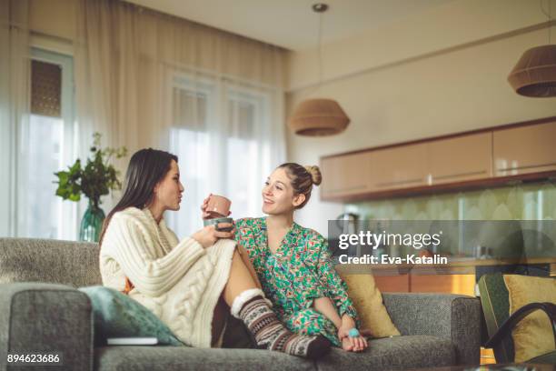 young women at home - female with friend in coffee stock pictures, royalty-free photos & images