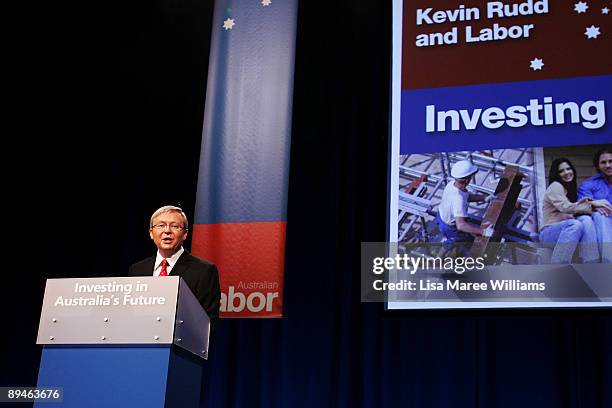 Australian Prime Minister Kevin Rudd delivers the opening address speech at the 45th National Labor Conference on July 30, 2009 in Sydney, Australia....