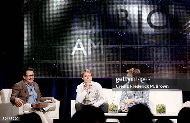 President of BBC Wordwide America Garth Ancier, actor Joe Thomas and producer Iain Morris of the television show "The Inbetweeners" speak during the...