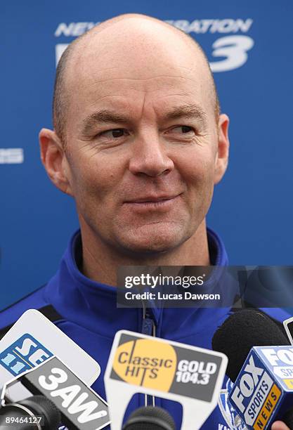 Kangaroos coach Darren Crocker talks during a press conference before a North Melbourne Kangaroos AFL training session held at Arden Street on July...