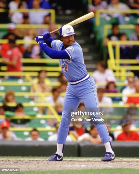 Jesse Barfield of the Toronto Blue Jays bats during an MLB game at Comiskey Park in Chicago Illinois during the 1986 season.