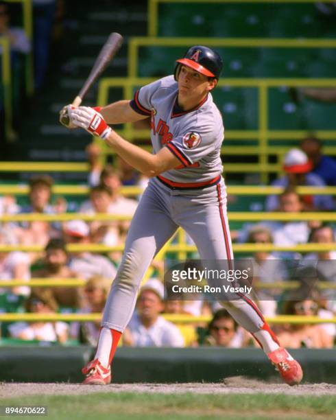 Wally Joyner of the California Angels bats during an MLB game versus the Chicago White Sox at Comiskey Park in Chicago, Illinois.