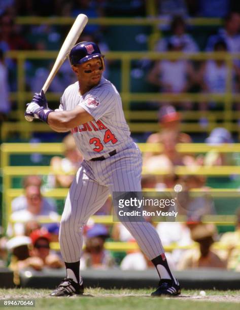 Kirby Puckett of the Minnesota Twins bats during an MLB game versus the Chicago White Sox at Comiskey Park in Chicago, Illinois.