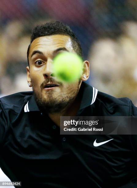 Nick Kyrgios of Australia looks the ball during an exhibition match between Juan Martin Del Potro and Nick Kyrgios at Luna Park on December 15, 2017...